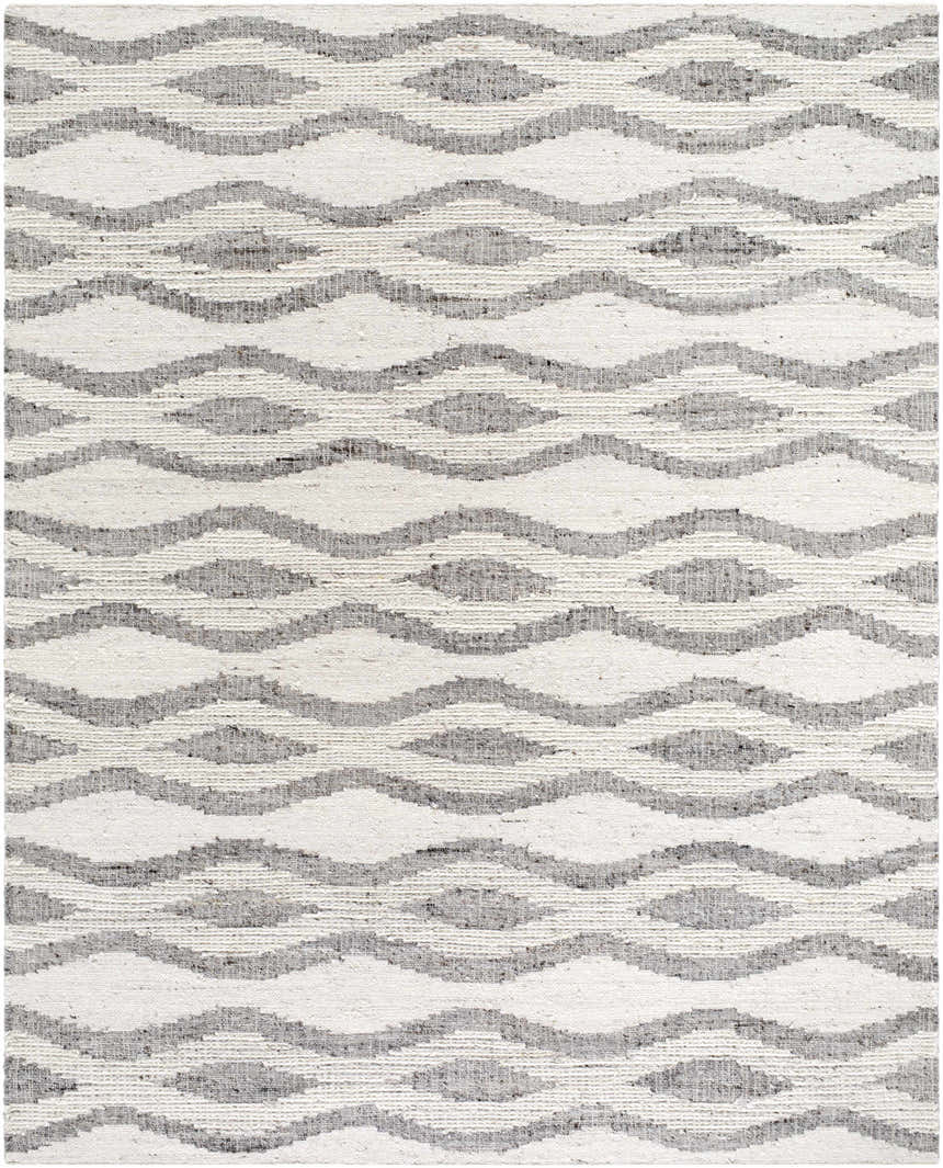 Close-up of the Lavalwaves Hand Woven Wool Carpet featuring a gray wave pattern on a cream background. Flatweave texture. Design-Rectangle-810