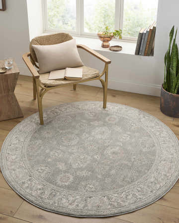 Cozy reading nook with Alinae Area Rug in light sage and cream, chair, and natural light. Roomscene-Round