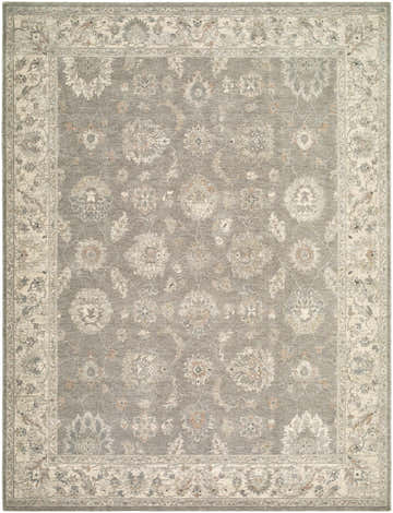 Detailed Alinae Area Rug featuring a traditional floral pattern in cream, green, slate blue, and tan. Design-Rectangle-710102