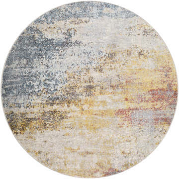 Close-up of round Alexandra Area Rug. Contemporary design with brick red, charcoal, cream, and mustard hues. Design-Round-53