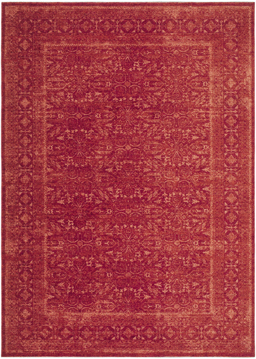 Close-up of the Laibah Area Rug, a traditional rectangle rug in burnt sienna, crimson, and ruby hues with a detailed pattern. Design-Rectangle-679
