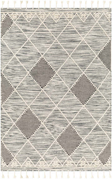 Close-up of the Mabua Tasseled Jute&Wool Rug. Black and cream geometric design with tassels. Hand woven texture. Design-Rectangle-576