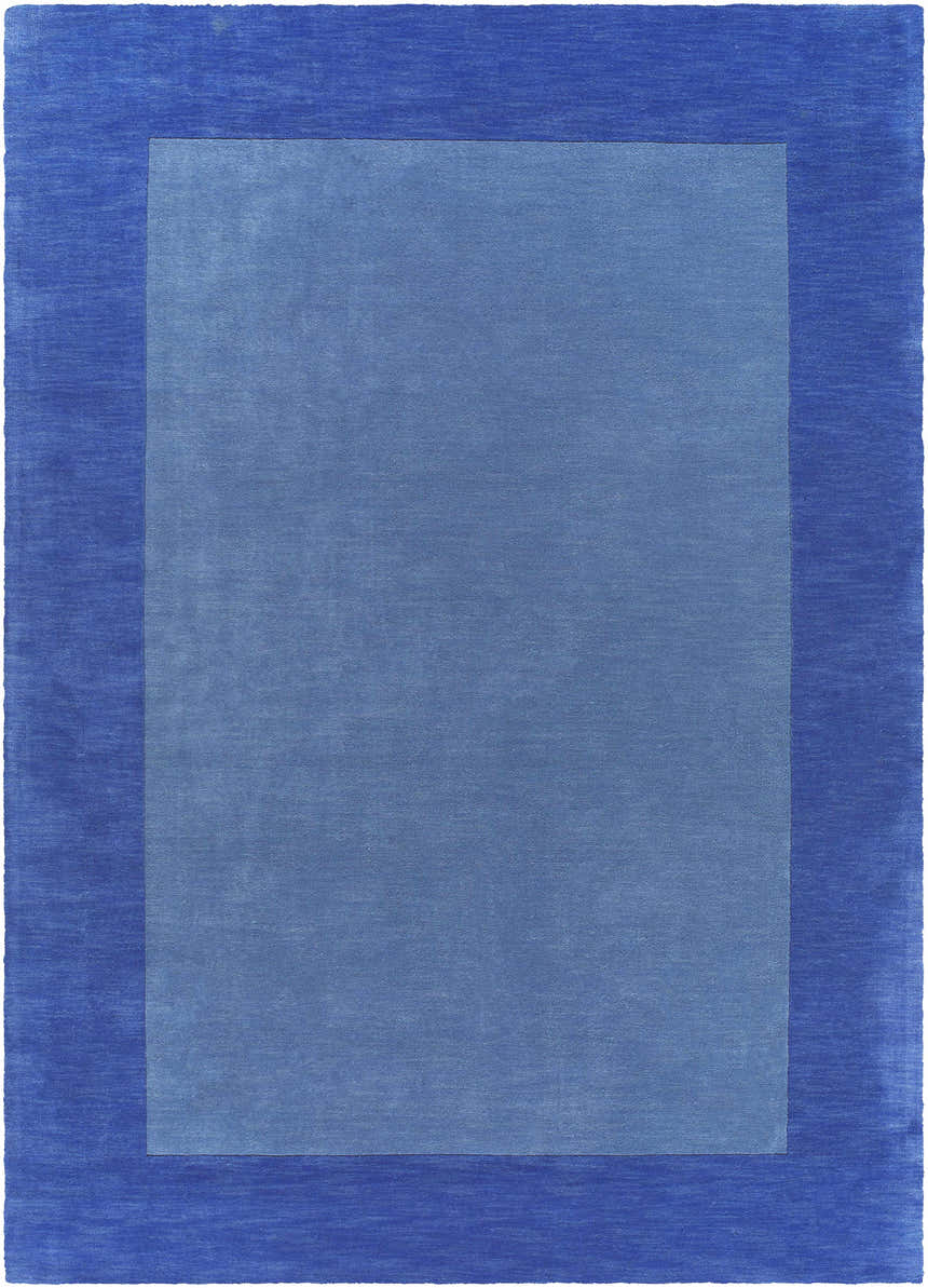 Close-up of a Macedon Blue Bordered Wool Rug, featuring a solid light blue center and a dark blue border. Design-Rectangle-811