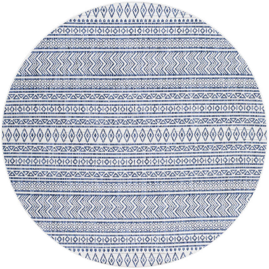 Close-up of a round Madras Light Blue Green All Over Performance Area Rug with a bohemian geometric pattern. Design-Round-53