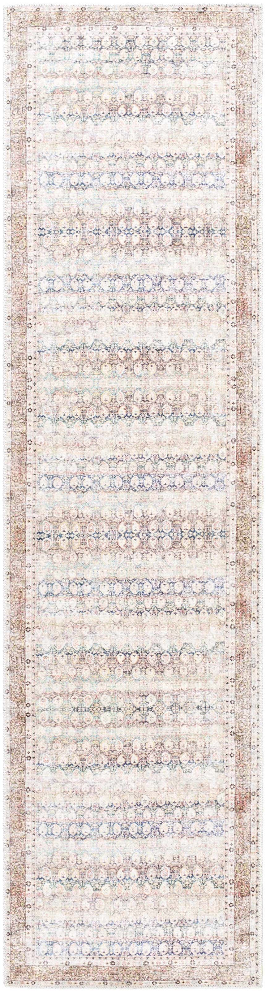 Close-up of the Maligaya Distressed Washable Rug. Bone, gray, and nutmeg hues create a vintage Persian pattern. Machine woven polyester. Design-Runner-2710