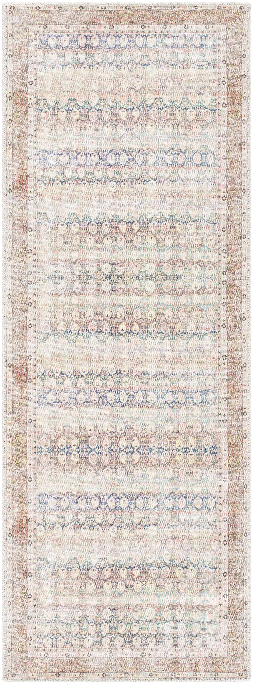 Maligaya Distressed Washable Rug in bone, gray, nutmeg. Persian-style rug with vintage, faded pattern and ornamental border. Design-Runner-2773