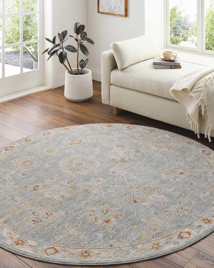 Sunlit living room with a round Mangham Thick Luxe Area Rug in blue, beige, and rust tones. Daybed with books and a plant. Roomscene-Round
