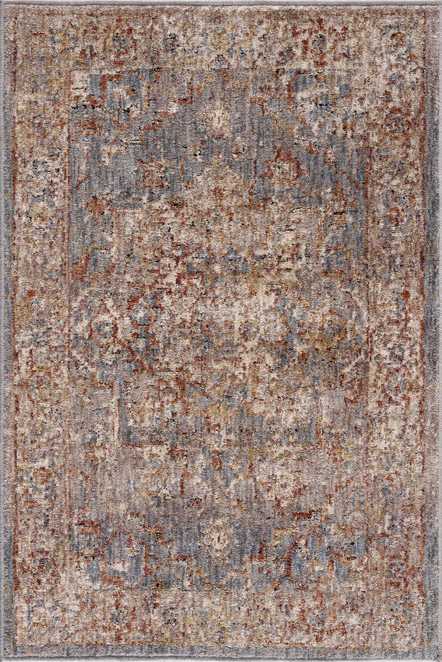 Close-up of the machine-woven Lumpkin Area Rug. Features brick red, charcoal, light beige, and teal in an oriental pattern. Design-Rectangle