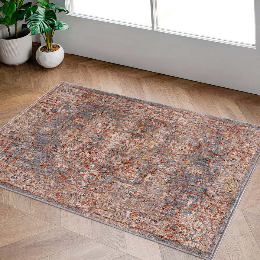 Entryway scene with a brick red and charcoal Lumpkin Area Rug on light wood floors. Roomscene-Rectangle