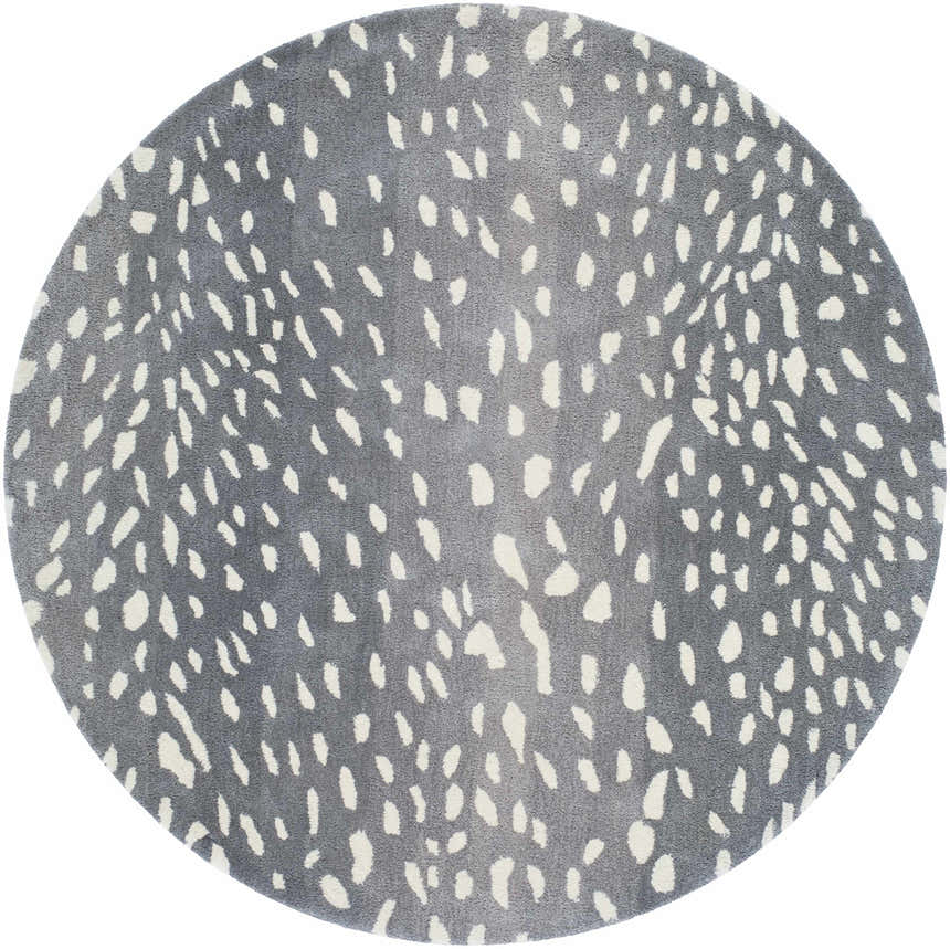 Round Athena Gray Giraffe Print Wool Rug. Cream spots on light and medium gray, hand-tufted texture. Design-Round-4