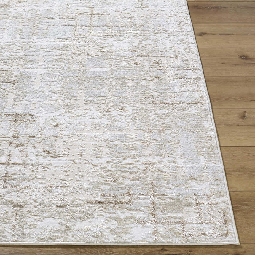 Close-up of the Auriel Beige Area Rug, a contemporary rug with a subtle geometric pattern and soft, neutral colors. Front