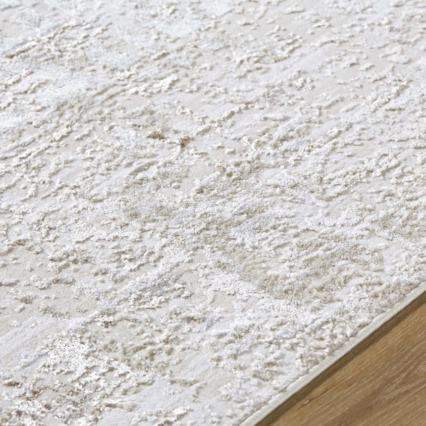 Close-up of the Auriel Beige Area Rug. Contemporary style with beige, cream, and tan abstract pattern and soft texture. Texture