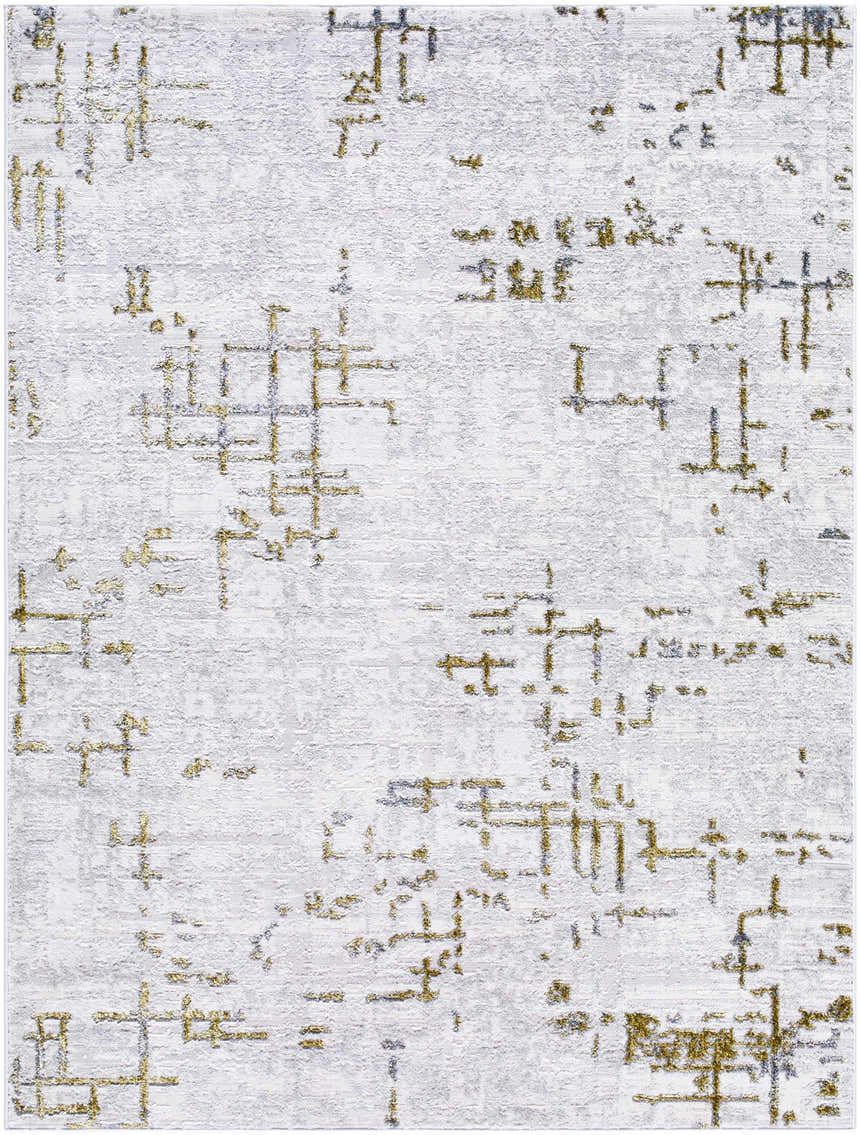 Close-up of the Auriel Gray Area Rug. Contemporary design with charcoal, cream, gray, and olive colors. Machine woven texture. Design-Rectangle-537