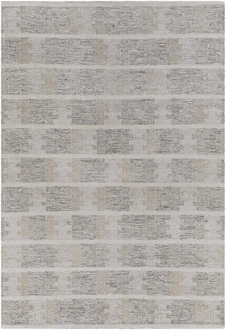 Close-up of the hand woven Metcalf Area Rug. Beige, cream, and gray horizontal pattern. Viscose rug texture. Design-Rectangle-576