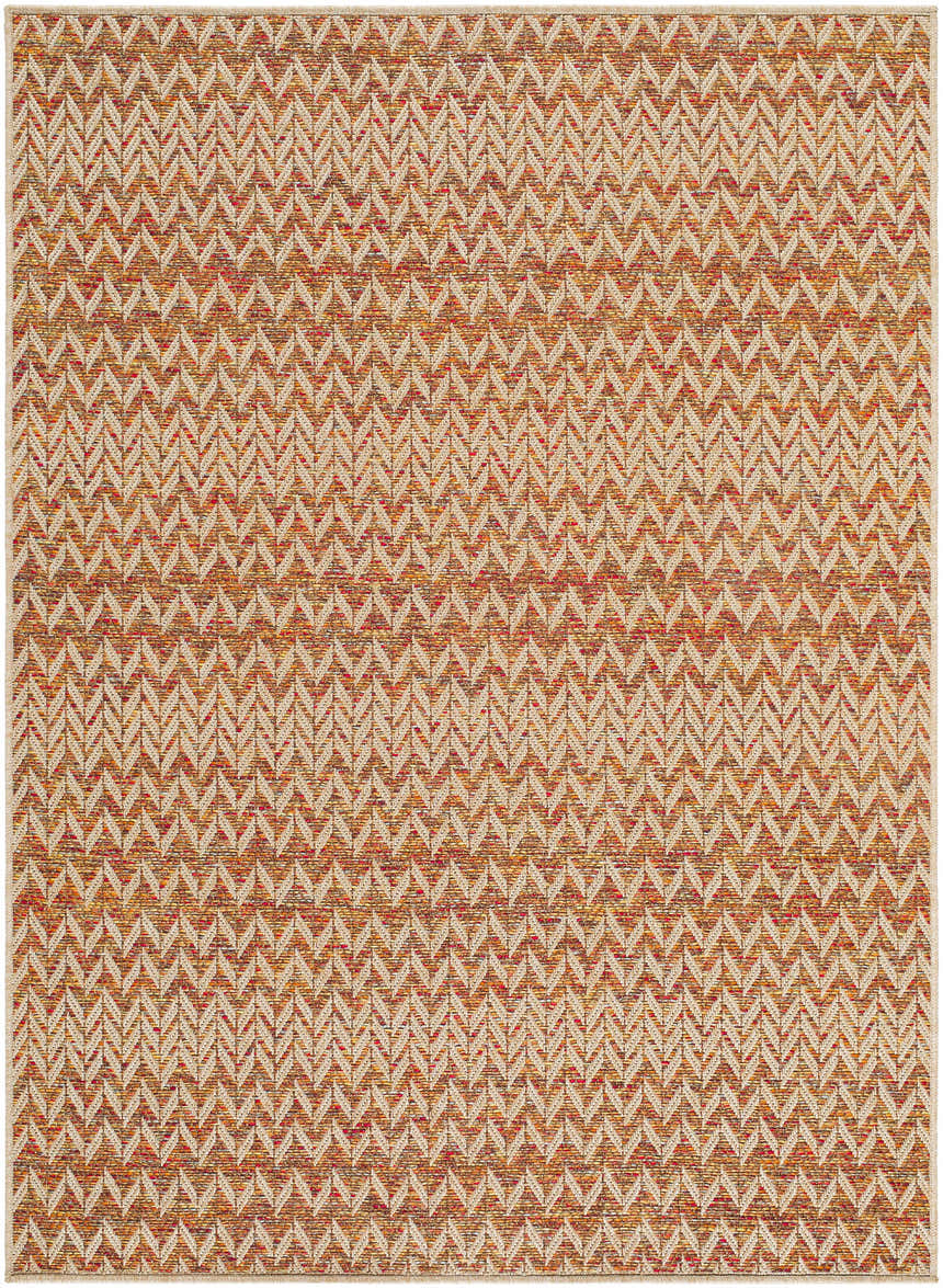 Close-up of the Alazne Burnt Orange Area Rug, featuring a cream herringbone pattern on a terracotta and sandstone background. Design-Rectangle-57