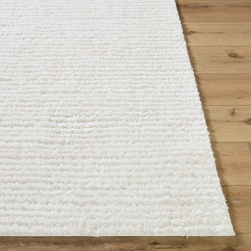 Close-up of the plush, white Alysha Area Rug showing its shag texture and machine-woven construction on wood floor. Front