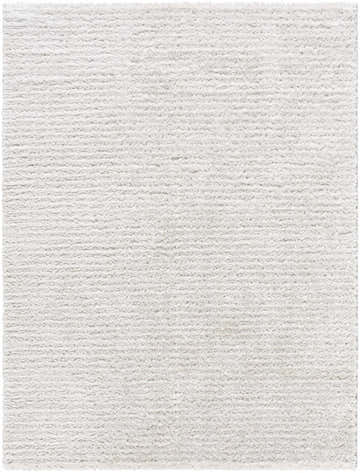 Close-up of the Alysha Area Rug. Soft, textured shag in shades of gray and white. Machine woven polyester. Design-Rectangle-537