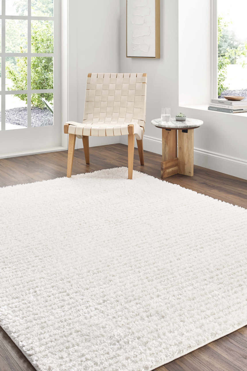 Bright room scene with a white Alysha Area Rug, woven chair, and side table by the window. Roomscene-Rectangle