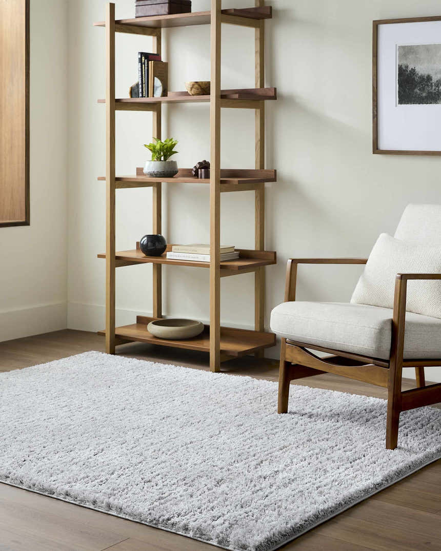 Living room scene with light wood bookshelf, chair, and gray Alysha Dark Gray Area Rug. Roomscene-Rectangle