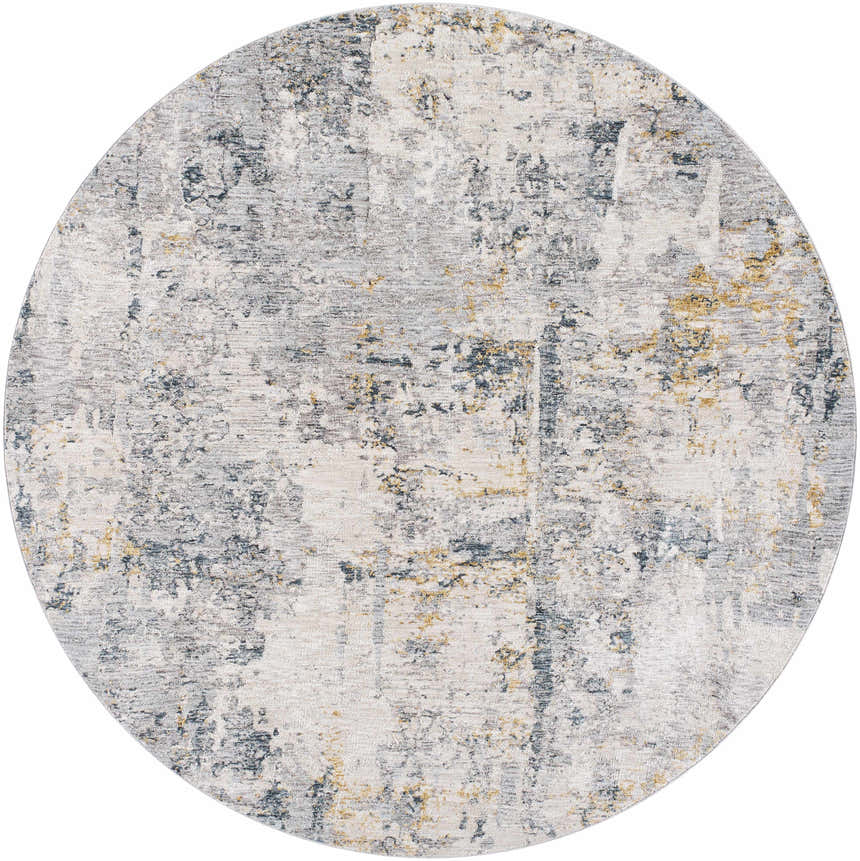 Close-up of the round Midfield Luxe Rug. Contemporary design in charcoal, cream, gray, and teal hues. Design-Round-67