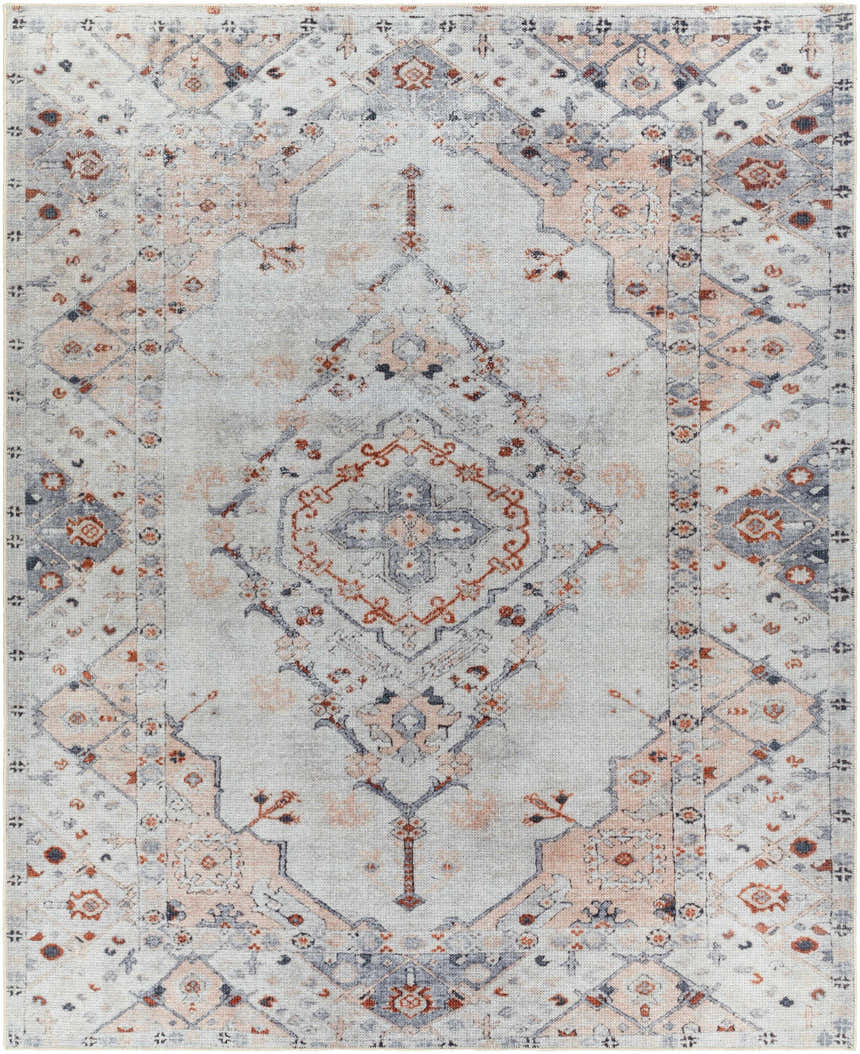 Close-up of the Midtown Washable Area Rug. Machine-woven polyester rug with brick red, charcoal, gray, and peach oriental-inspired pattern. Design-Rectangle-710102
