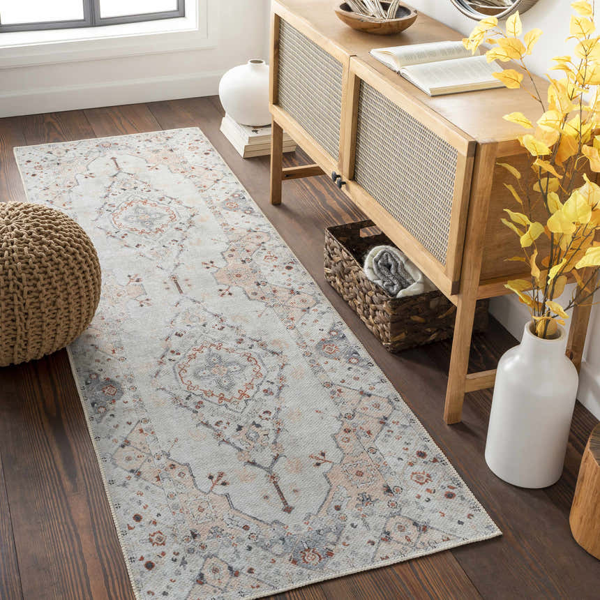 Entryway with Midtown Washable Area Rug in brick red, charcoal, and gray. Farmhouse style with wood console table and woven pouf. Roomscene-Runner