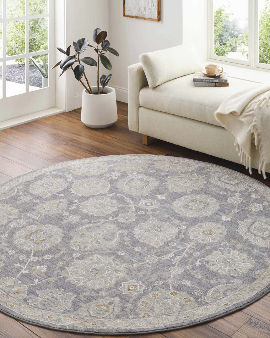 Light-filled room with round Mimarsinan rug in gray, beige, and brown. Daybed, wood floors, and potted plant create a cozy space. Roomscene-Round