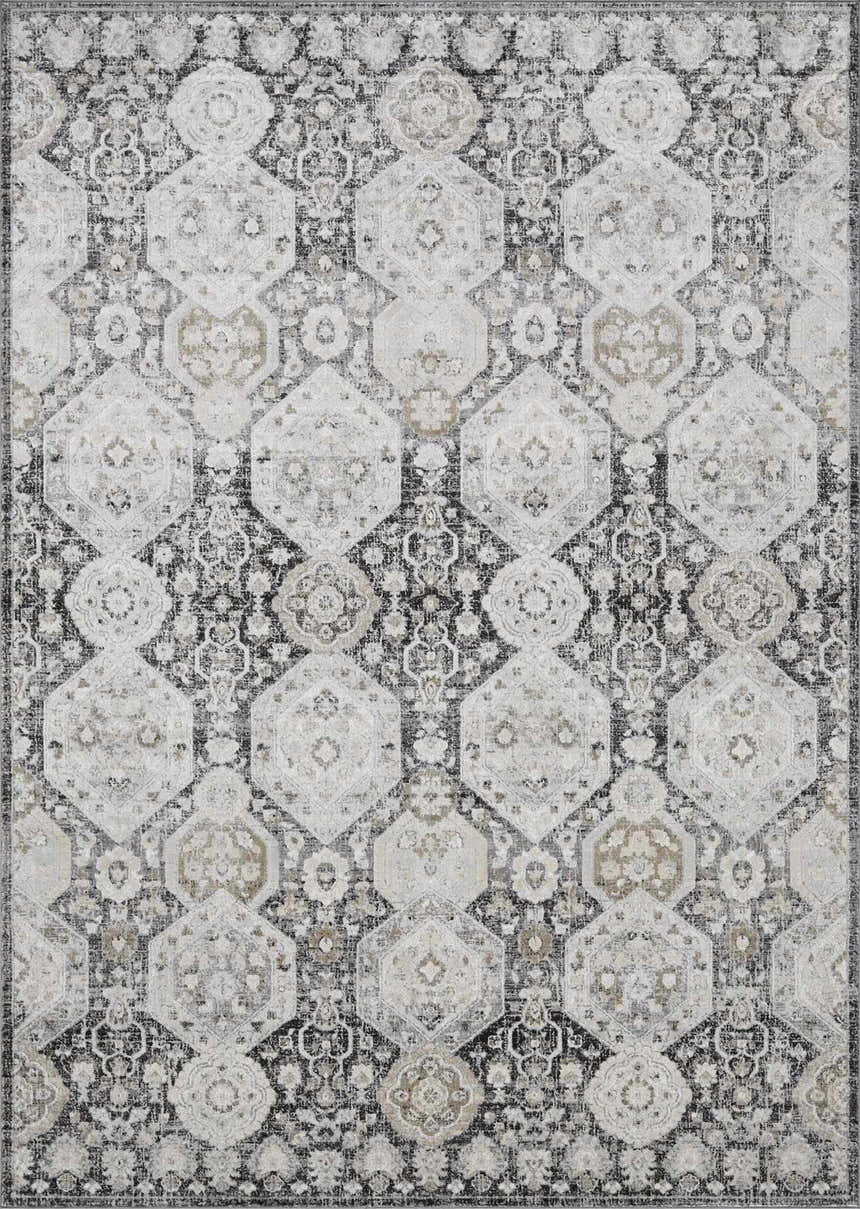 Detailed Minoa Area Rug featuring a geometric, bohemian pattern in beige, black, charcoal, gray, and off-white hues. Design-Rectangle
