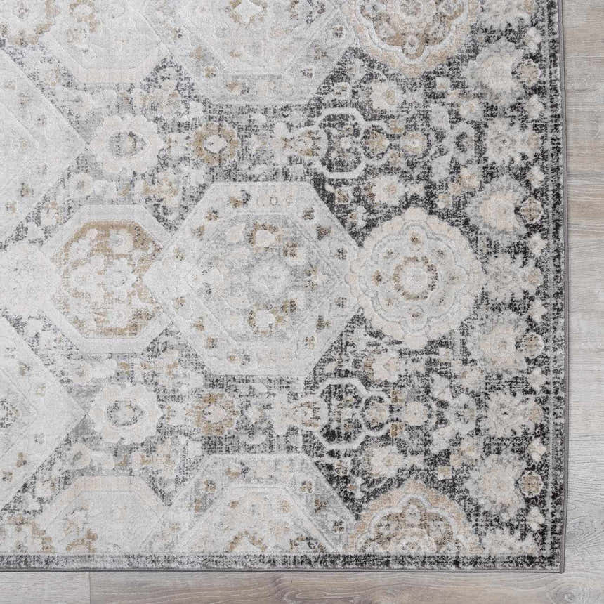 Close-up of the Minoa Area Rug featuring a beige, black, and gray bohemian pattern. Machine woven texture detail. Swatch
