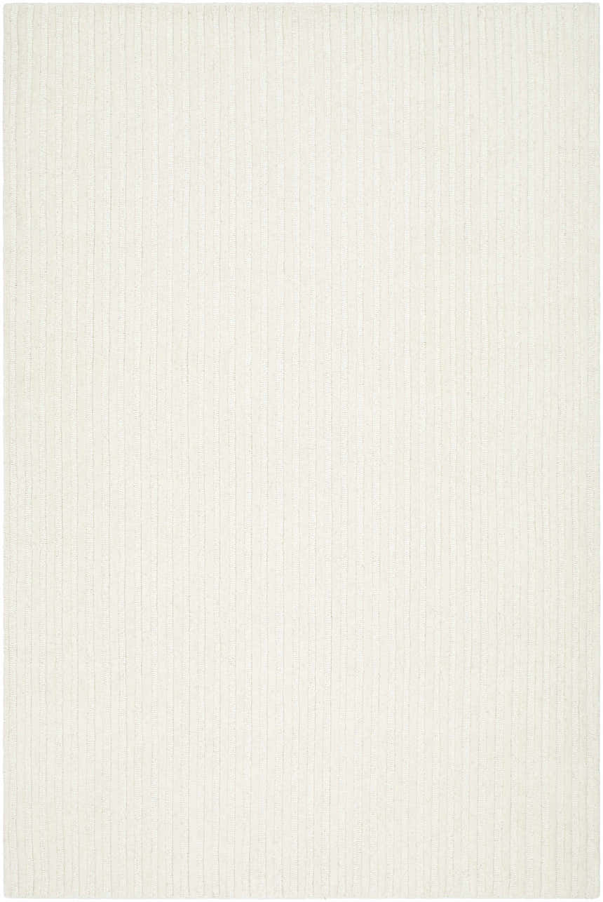 Close-up of the Missa Cream Area Rug, a hand-tufted wool rug with a subtle vertical stripe design. Design-Rectangle-576