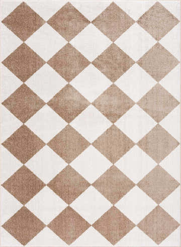 Close-up of the Ulric Brown Diamond Washable Area Rug featuring a geometric diamond pattern in brown and off-white. Design-Rectangle-537