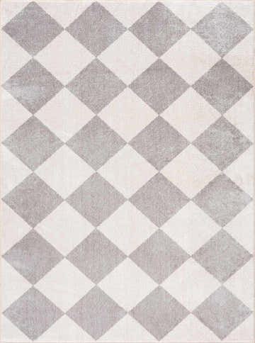 Close-up of the Ulric Light Gray Diamond Washable Area Rug, showing the diamond pattern and soft texture. Cream, light gray, and off-white. Design-Rectangle-537