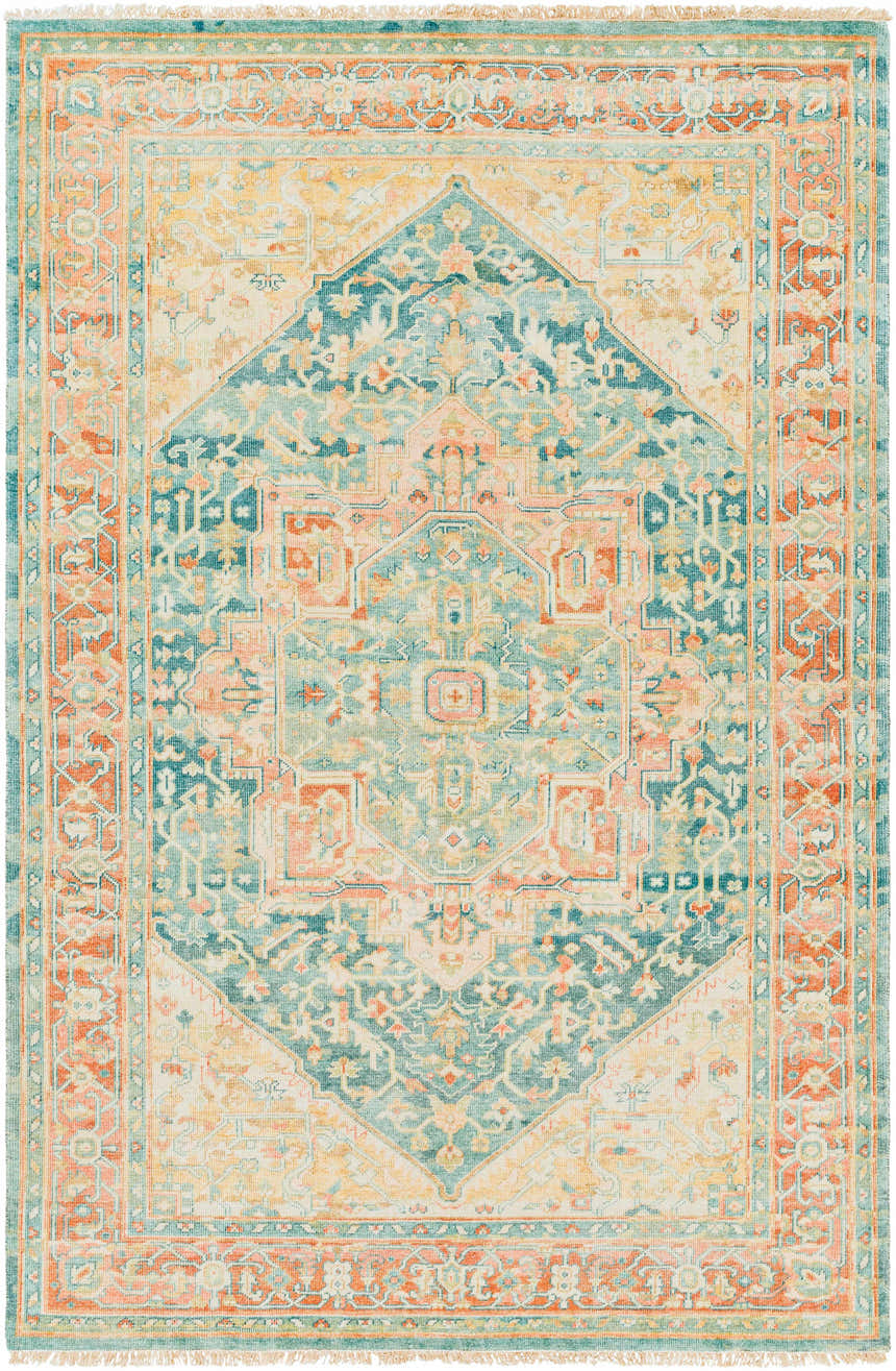 Close-up of the hand-knotted Managa Premium Rug. Camel, beige, saffron, and sage tones create a traditional Persian pattern. Design-Rectangle-69