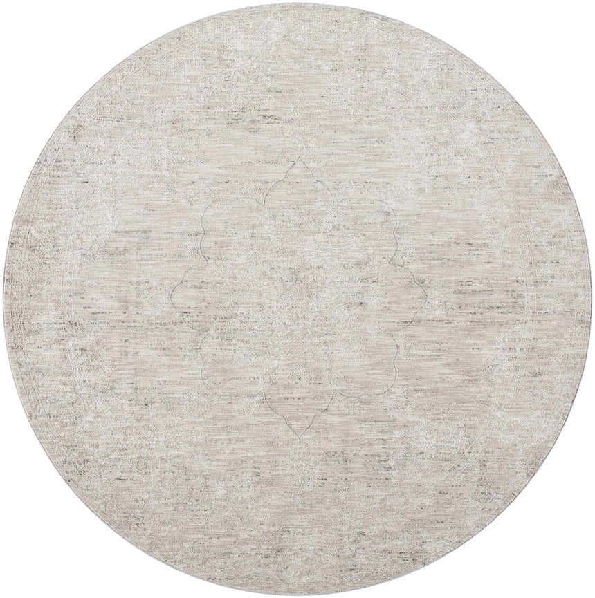Close-up of a round Monto Luxe Rug in cream and gray with a subtle, traditional floral pattern. Design-Round-67