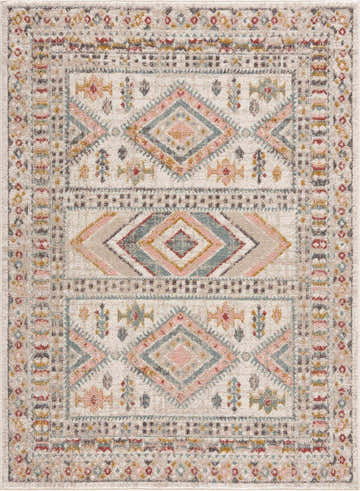 Close-up of the Diem Area Rug. Bohemian style with brick red, charcoal, dusty pink, and light gray geometric patterns. Design-Rectangle