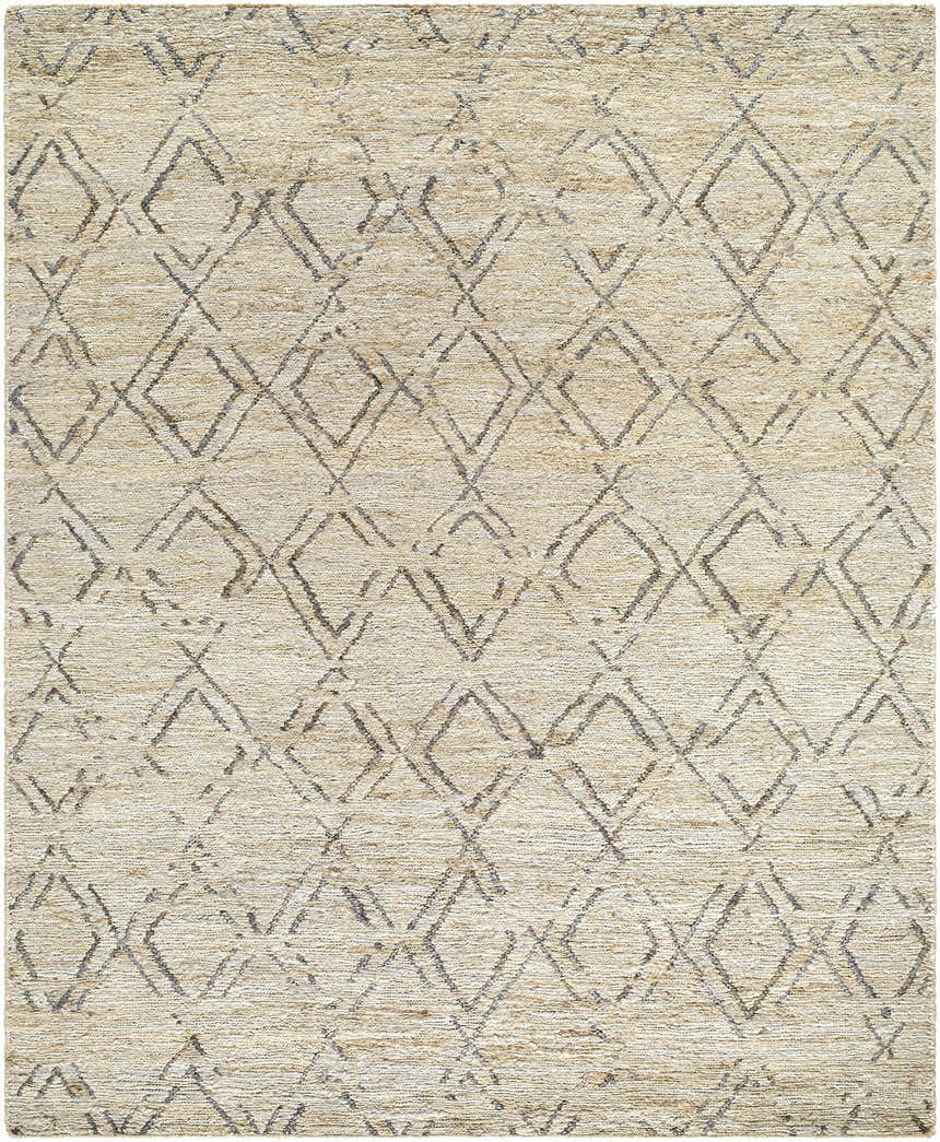 Close-up of Monkstown Jute Carpet. Hand-woven rug with a light gray diamond pattern on a taupe jute texture. Design-Rectangle-810