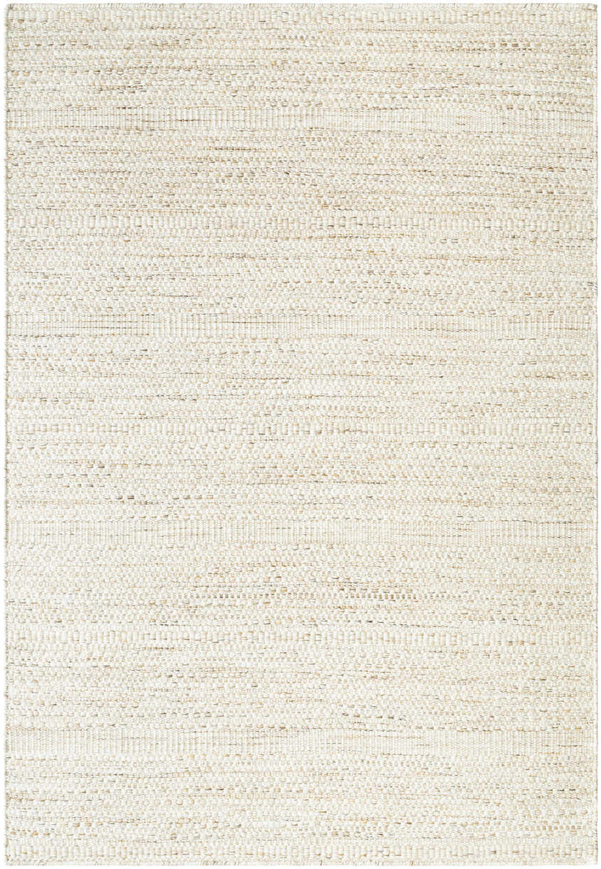 Close-up of the hand woven Moshe Area Rug. Peach wool rug with a farmhouse, transitional style and subtle texture. Design-Rectangle-576