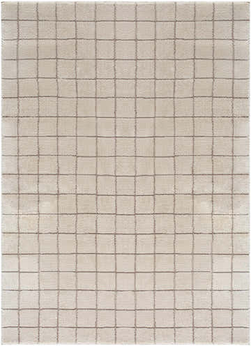 Close-up of the Cascade Checkered Ivory Area Rug, featuring a taupe checkered pattern on a soft ivory polyester texture. Design-Rectangle-537