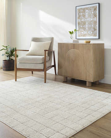 Living room scene with a Cascade Checkered Ivory Area Rug, gray chair, and light wood cabinet. Roomscene-Rectangle