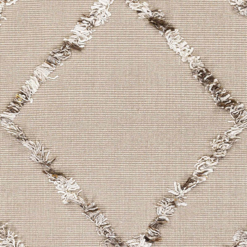 Close up of the Marleston Taupe High-Low Rug showing the woven texture and diamond pattern with fringed detailing. Swatch