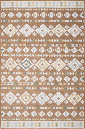 Detailed texture of the Metta Rust Area Rug with a geometric diamond pattern in rust, cream, and pale blue. Design-Rectangle-537
