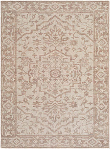 Close-up of the hand woven Ansgar Washable Wool Area Rug. Beige, ivory, and taupe floral pattern. Farmhouse style. Design-Rectangle-57