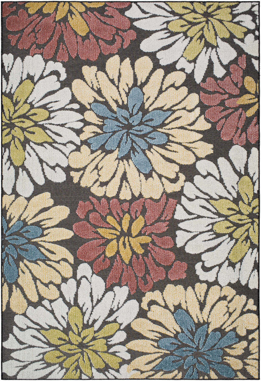 Close-up of the Minga Charcoal Area Rug. Floral pattern in charcoal, cream, navy, olive, rust, and tan. Machine woven polypropylene. Design-Rectangle-537