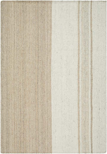 Close-up of the hand-woven Myrna Area Rug. Ash, off-white, and tan wool rug with a farmhouse style and subtle stripe pattern. Design-Rectangle-576
