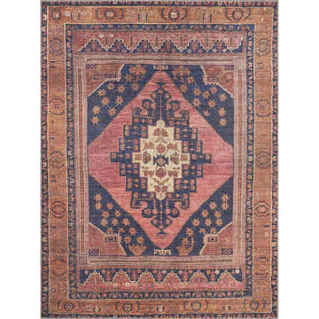 Detailed Malamote Vintage Flat Pile Washable Rug in burnt orange, dark blue, pink, and wheat with a traditional, bohemian pattern. Design-Rectangle