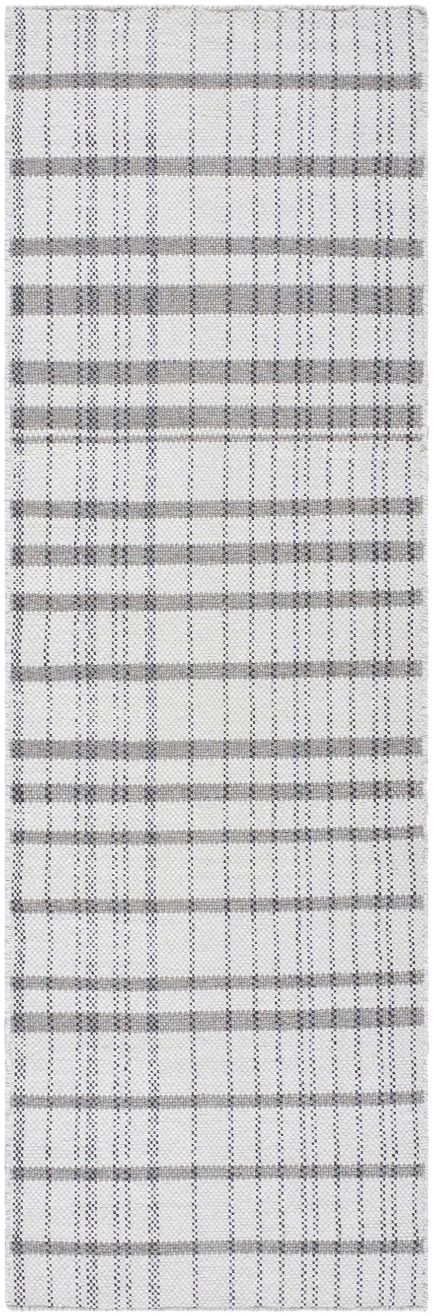 Close-up of the hand-woven Nissa Ivory Area Rug. Features a farmhouse style plaid pattern in ivory and gray wool. Design-Runner-268