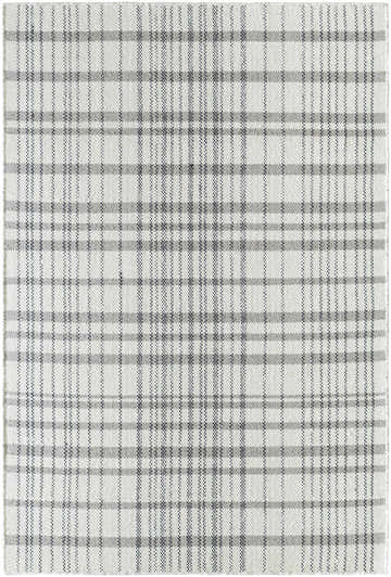 Close-up of the hand woven Nissa Ivory Area Rug. Features a farmhouse style plaid pattern in ivory and gray. Design-Rectangle-576