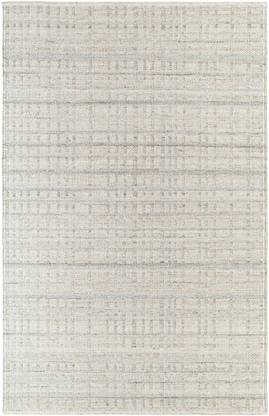 Close-up of the hand woven Nissa Tan Area Rug. Ivory and tan wool rug with a subtle geometric pattern. Design-Rectangle-576