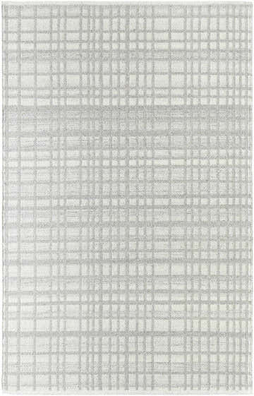 Close-up of the hand-woven Nissa Light Gray Area Rug. Ivory wool rug with a subtle gray plaid pattern. Farmhouse style. Design-Rectangle-576