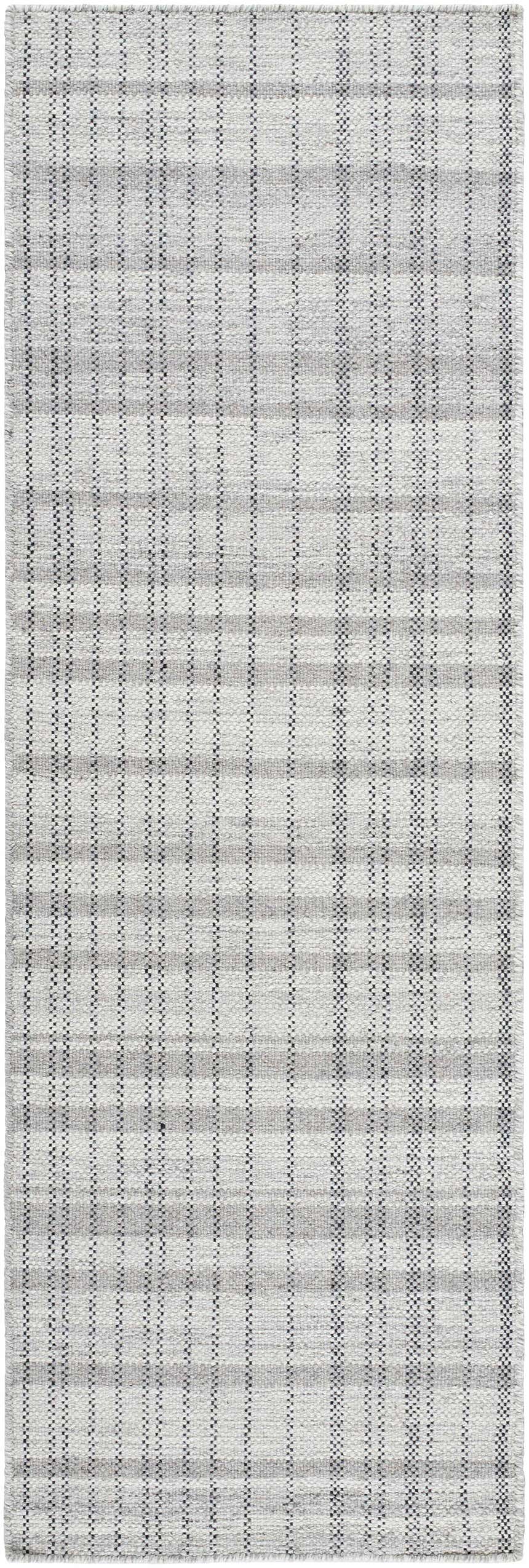 Close-up of the hand-woven Nissa Blue Gray Checkered Area Rug, featuring a farmhouse style, and light silver, sage, and slate blue colors. Design-Runner-268